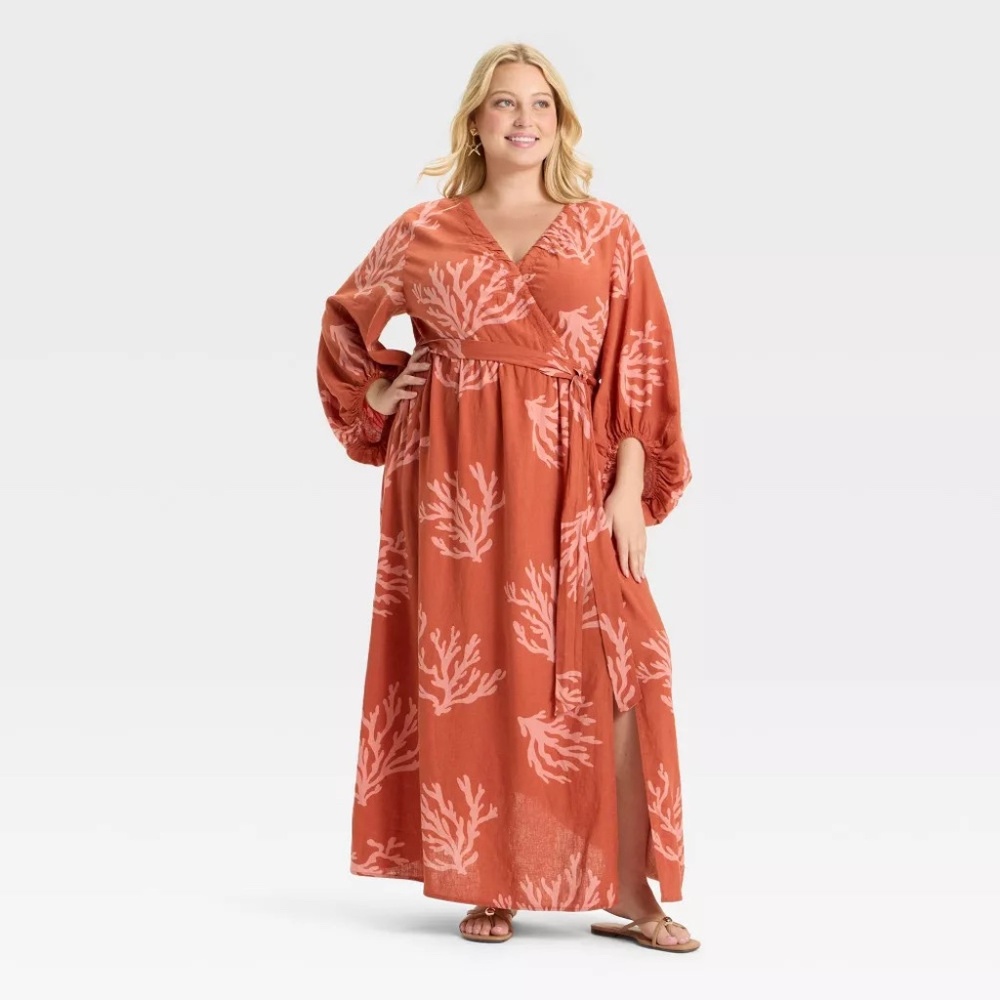 NWT Ava & Viv Rust Coral Print Wrap Maxi Dress Si… - image 1